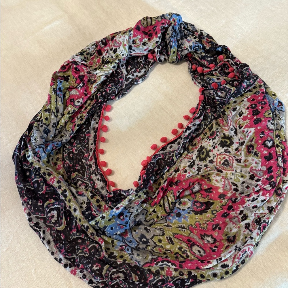 Colorful Paisley Scarf with Pom-Pom Trim